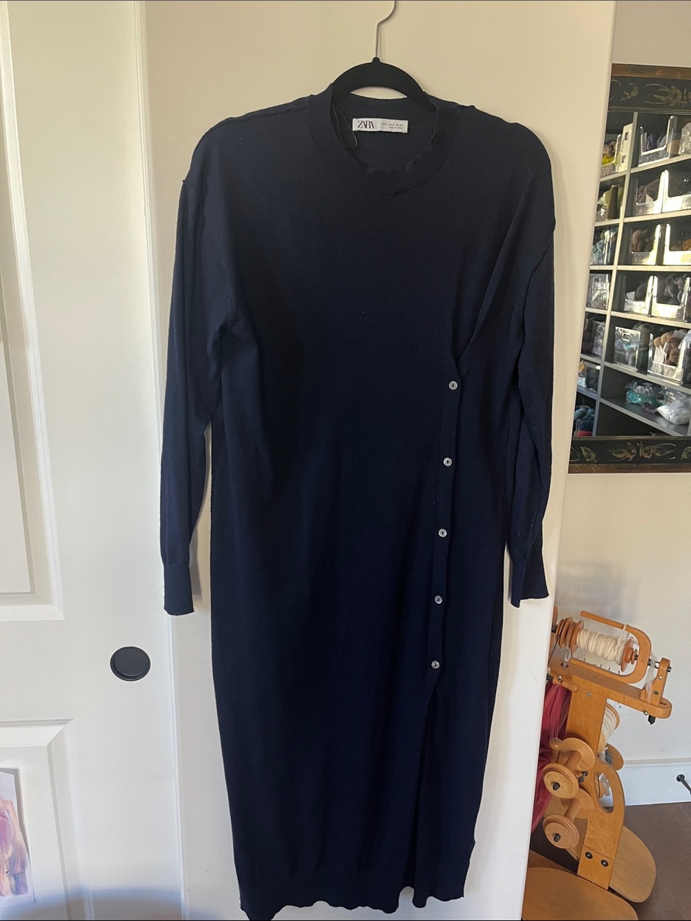 Zara Dark Navy Long-Sleeve Button-Detail Knit Dress Sz S-M